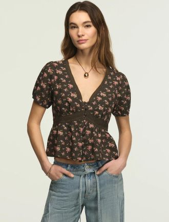 Lucky Brand Womens Lace Peplum Blouse