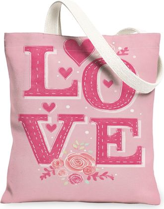 Generic Romantic Floral Canvas Tote Bags, Heart Love Design Reusable Grocery Bags, Lightweight Washable Shoulder Strap Canvas for S, Peach, 13x15 Inch