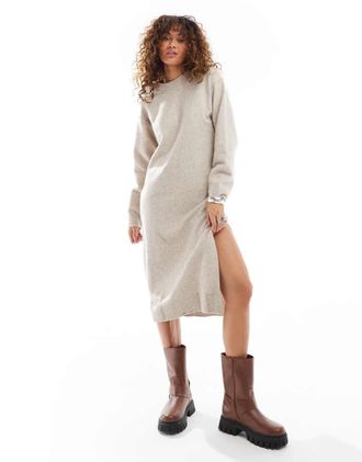 Weekday Funda wool blend knitted midaxi sweater dress with side split in light beige melange exclusive to ASOS-Neutral