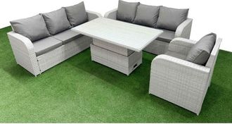 Fimous Fimous 7 Seater Poly Rattan Outdoor Garden Furniture Adjustable Lifting Dining or Coffee Table Sofa Set Patio 3 Seater Sofa Reclining Chair 3 Seater