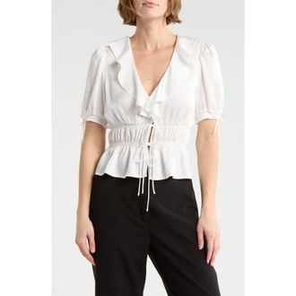 Wayf Ruffle Tie Front Top in Ivory at Nordstrom Rack, Size X-Large