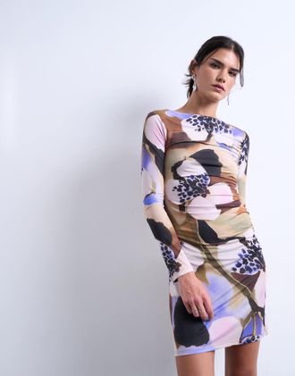 Topshop Vestito corto a maniche lunghe sinuoso con stampa a fiori multicolore e arricciature laterali-Viola