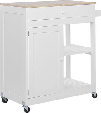Beliani Carrito De Cocina De Mdf Madera De Caucho Blanco 75 X 43 X 87 Cm Ruedas Estante 2 Baldas 1 Caj&oacute;n Trapani