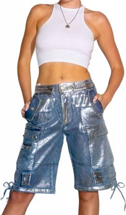 Vibrant M.i.U Rosie Metalic Denim Cargo Shorts In Silver