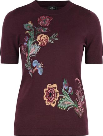 Etro Geborduurde Gebreide Trui met Korte Mouwen - Dames - Ronde hals truien - Rood - S - Truien & Vesten