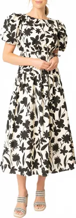 Moon River Floral Print Cut Out Shirred Midi Dress In Black & White