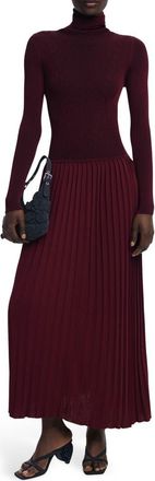 Desigual Long Sleeve Pleat Turtleneck Maxi Dress in Dark Red at Nordstrom, Size X-Small