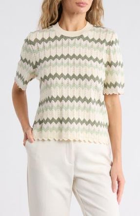 Adrianna Papell Zigzag Short Sleeve Pointelle Sweater in Dusty Sage Green Chevron at Nordstrom Rack, Size X-Small