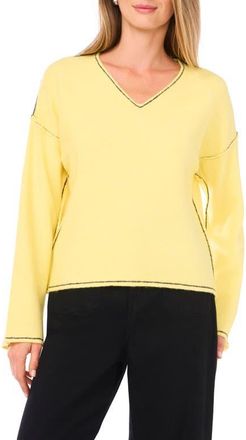 Vince Camuto Contrast Detail V-Neck Sweater in Yellow Pear at Nordstrom, Size Xx-Large