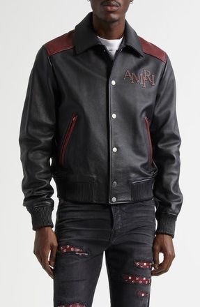 Amiri Colorblock Staggered Logo Leather Jacket in Black at Nordstrom, Size 42 Us