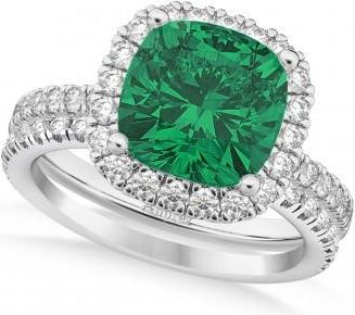 Allurez Emerald & Diamonds Cushion-Cut Halo Bridal Set 14K White Gold (3.38ct)