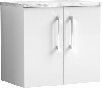 Nuie Arno Wall Hung 2-Door Vanity Unit with Carrera Marble Worktop 600mm Wide - Gloss White - Nuie