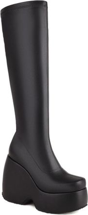 Generic Womens Stylish Knee-High Boots Round Toe Wedge Heels Slip On Soft Upper Cushioned Insole Comfortable Non Slip Wear Resistant Daily Casual Streetwear P