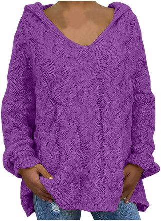 Generic V Neck Jumpers for Women UK, Plus Size Hooded Knitted Jumpers Oversized Hoodie Autumn Winter Warm Sweater Tops Casual Loose Pullover Cable Knit Tunic 