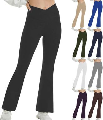 Generic Flared Leggings Women Yoga Pants Crossover High Waisted Tummy Control Workout Flared Trousers Soft Stretchy Black Trousers for Gym (A-Black, L)