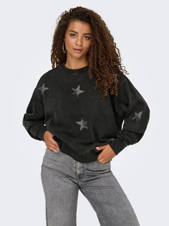 Only Sweatshirt ONLY ONLINDA L/S O-NECK BOX CC SWT, Damen, Gr. XS, silber (schwarz detail:with silber rhinestone star), Sweatware, Obermaterial: 60% Baumwo
