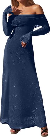 Generic Womens Elegant Off-Shoulder Mesh Evening Gown with Sequin Embellishments, Long Sleeves & Flared Hem - Maxi Party Dress for Wedding Guest, Christmas Pa