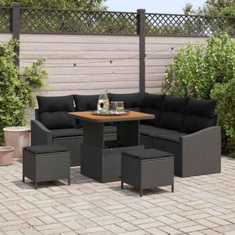 vidaXL Vidaxl - Conjunto De Sof&aacute; De Jard&iacute;n Con Coj&iacute;n 8 Pcs Negro Polirat&aacute;n