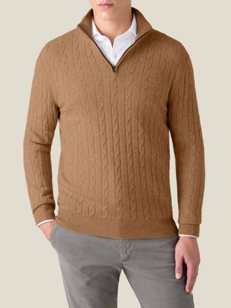 Luca Faloni Caramel Brown Cashmere (2-Ply) Cable Knit Zip-up