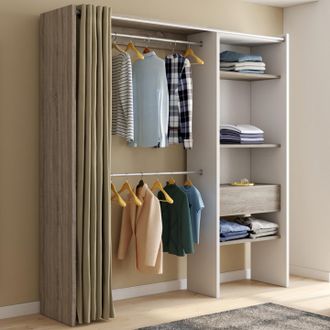 IDMarket Marty 120/170 X 50 X 180 Cm Blanco Y Madera Armario Extensible Con Cortina + Doble Espacio Para Colgar + Estantes