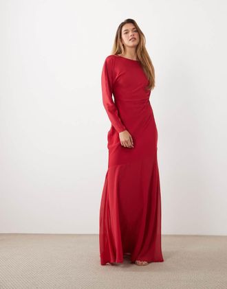 Tfnc vestito lungo maxi rosso in satin con taglio sbieco, scollo rotondo, gonna asimmetrica in chiffon-Verde