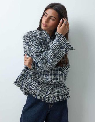 Asos giacca senza colletto in misto lana boucl&eacute; a quadri bianco e nero