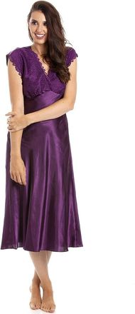 Camille Womens Luxury Satin Long Chemise - Ladies Sleeveless Lightweight Lace Nightdress - Comfotable & Breathable Summer Nightwear Purple 10-12