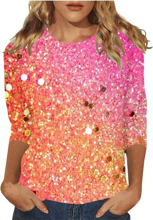 Generic 2026 Fancy Dress Costumes Carnival Outfits Sparkling Sequin Printed Top Womens 3/4 Sleeve Festival Blouse for and Party Wear (XXXL) Pink