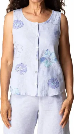 Habitat Linen Floral Pleat Back Button Tank Top In Cornflower