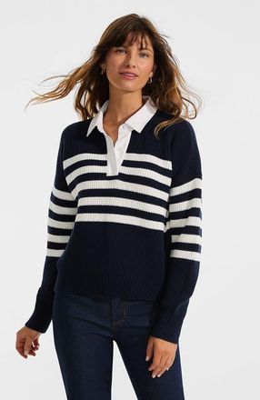Lands End Drifter Rugby with Woven Collar Sweater in Navy/ivory Placed Stripe at Nordstrom, Size Xx-Small