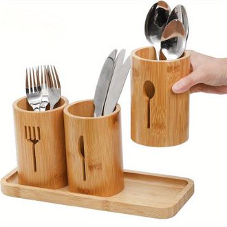 OEM Organizador De Cubiertos De Bamb&uacute; De Tres Niveles, Imprescindible Para Guardar Cuchillos Y Tenedores: Un Estante De Almacenamiento De Madera Multifunc