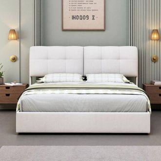OEM Cama Doble 160x200 Cm - Lino Beige - L&aacute;mpara Led - Carga Usb - Dise&ntilde;o Escandinavo