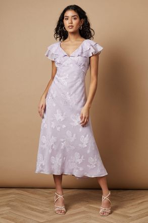 Oasis Womens Petite Plain Satin Burnout Ruffle Midi Dress - Lilac - Size 16 UK