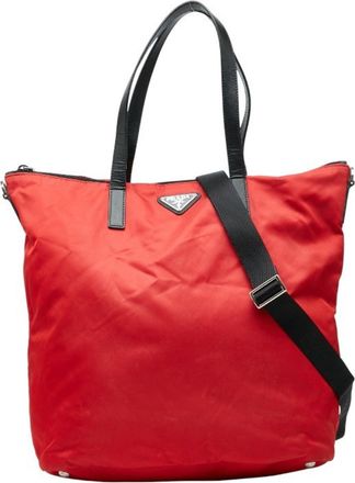 Prada Red Color Nylon Shoulder Bag Tote Bag (Pre-Owned)