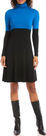 Karen Kane Colorblock Long Sleeve Turtleneck Jersey Dress in Black With Blue at Nordstrom, Size X-Large
