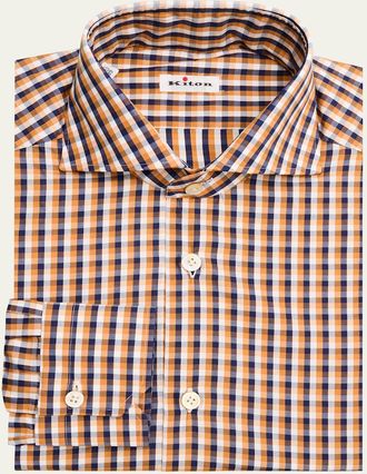 Kiton Mens Cotton Multi-Check Dress Shirt