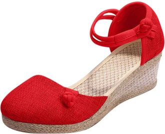 Generic Women Retro Canvas Casual Sandals Round Toe Flat Ladies Summer Beach Footwear Comfortable Lightweight Walking Shoes (Red, 6.5)