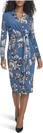 Calvin Klein Ong Sleeve Floral Jersey Aline Womens Dress Vintage Indigo/Khaki : 12, Jersey/Polyester/Spandex