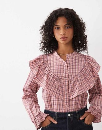 Miss Selfridge camicia oversize con volant a quadri-Multicolore