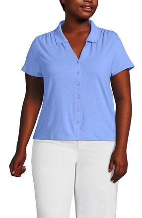 Lands End Linen Blend Short Sleeve Button Front Polo Top in Clear Blue Sky at Nordstrom, Size X-Large