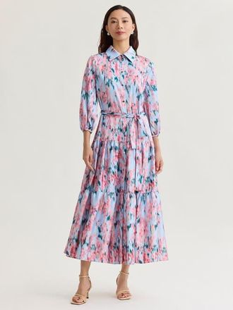 Misook Printed Floral Crepe de Chine Tiered Maxi Dress in Pink/blue/biscotti/black at Nordstrom, Size Xx-Large