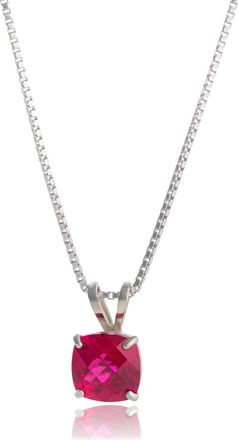 MAX + STONE 14k White Gold 8mm Cushion Cut Gemstone Pendant Necklaces with 18 inch Box Chain
