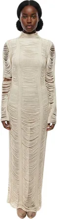 Balmain Beige Textured Mock Collar Maxi Dress