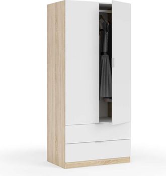 F.R.S. Armario Ropero Berta 2 Puertas 2 Cajones Acabado Blanco/roble, 180 Cm(alto)81 Cm(ancho)52 Cm(largo)