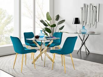 Furniturebox Novara 100cm Round Tempered Glass Dining Table with Gold Legs & 4 Pesaro Velvet Chairs in Blue