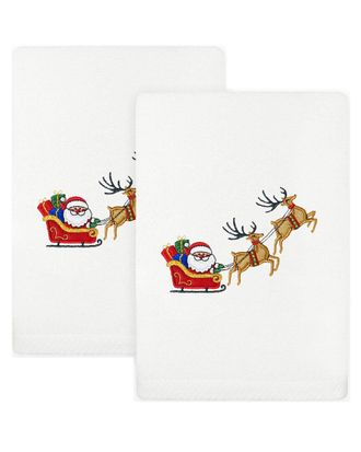 Linum Home Textiles Set Of 2 Christmas Santas Sled Embroidered Luxury Turkish Cotton Hand Towels