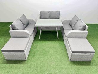 Fimous 8-seater Patio Rectangular Table Love Sofa Set with 2 Big Stools in Light Grey