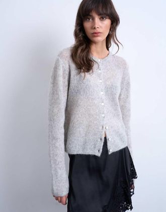 Topshop Cardigan in maglia ampia in mohair premium grigio-Bianco