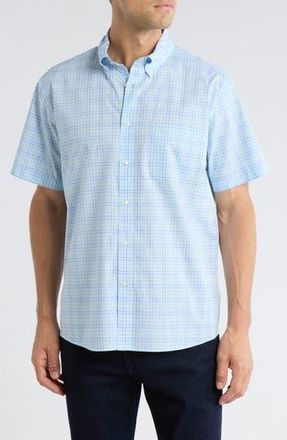 Brooks Brothers Regular Fit Plaid Short Sleeve Cotton Button-Down Shirt in Aqua at Nordstrom Rack, Size Xx-Large