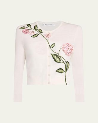 Oscar De La Renta Porcelain Flower Embroidered Crop Crewneck Cardigan